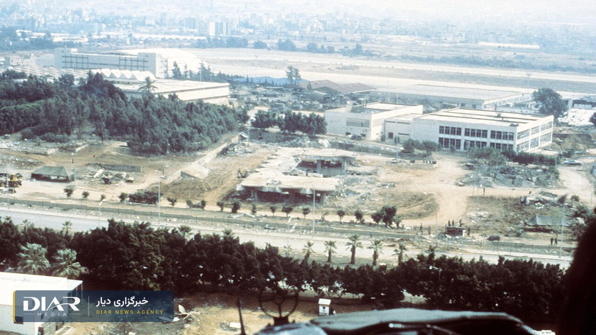 نمای هوایی ویرانه مقر گردان تفنگداران دریایی آمریکا در فرودگاه بینالمللی بیروت پس از انفجار آبان ۱۳۶۲